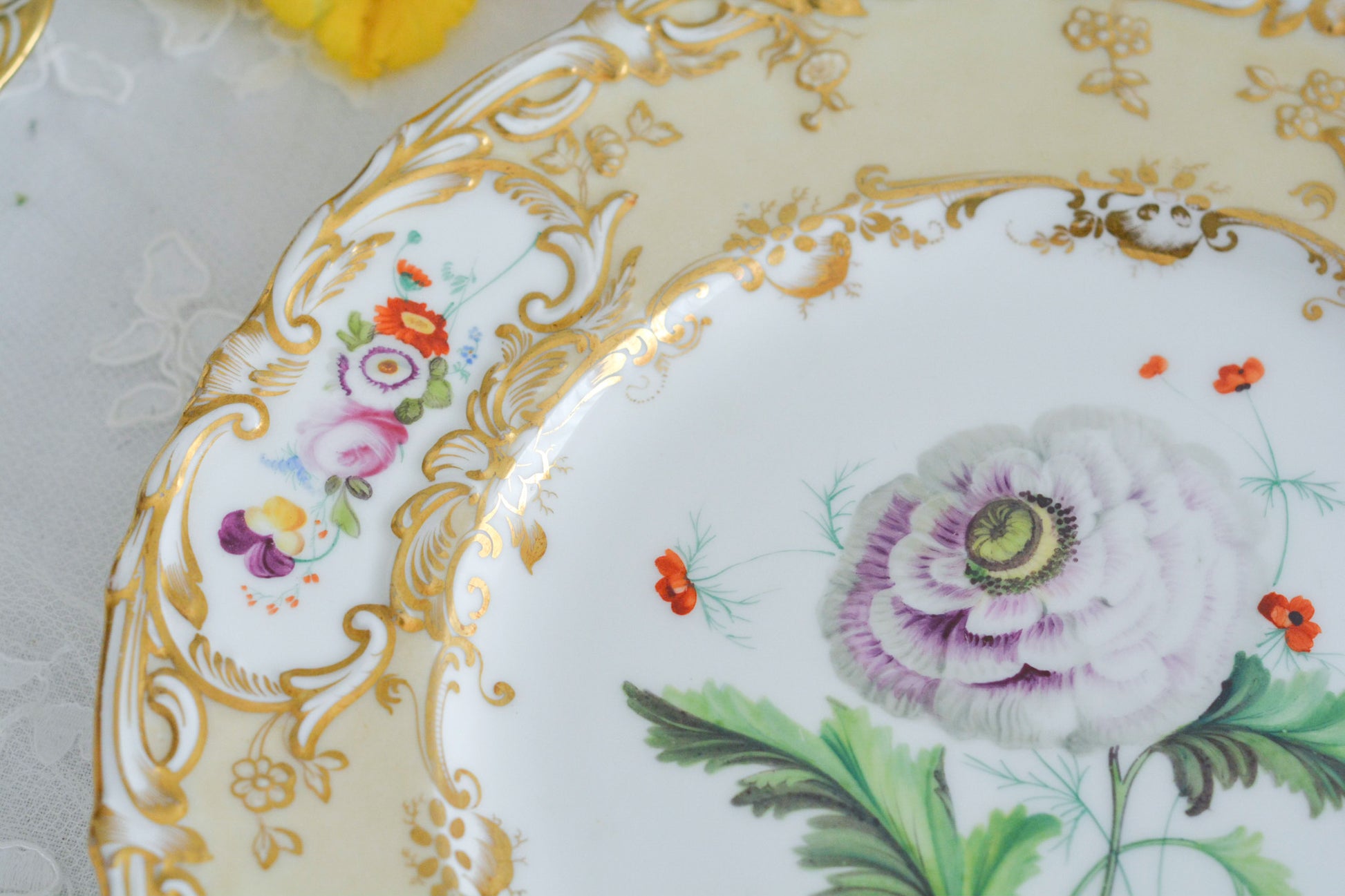 1830年代ごろに作られたキャビネットプレート。中央には大きなアネモネがハンドペイントで写実的に描かれています。装飾もロココリバイバルスタイルの豪華な模様が描かれていて、とても華やかなお品です。キャビネットプレートとして飾っていただいても、サービングプレートやランチョンプレートとしてお使いいただいても素敵だと思います。